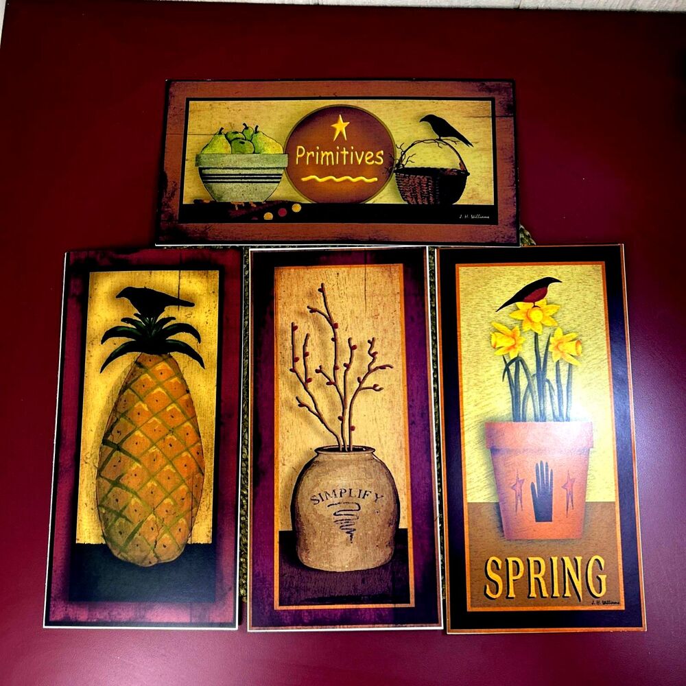 Lot Of 4 JH Williams 6”x12” Primitive Folk Art Prints Wallhangings Unframed